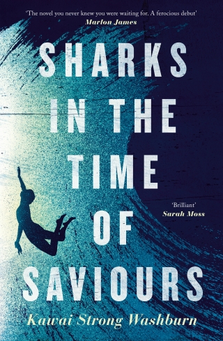 The book cover of Sharks in the Time of Saviours by Kawai Strong Washburn with a boy in the waves