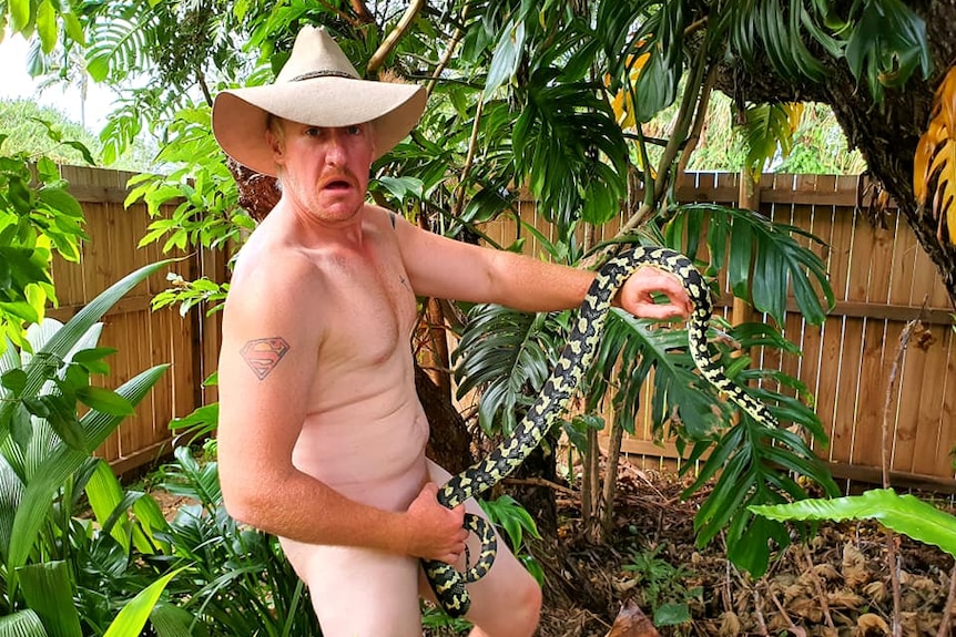 Man with wide-brimmed hat holding a jungle carpet python over his privates