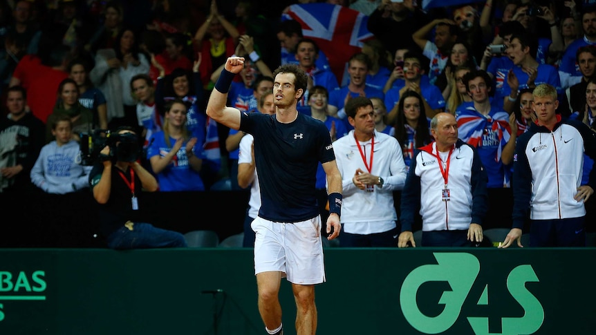 Britain's Andy Murray celebrates his win over Belgium's Ruben Bemelmans in the 2015 Davis Cup final.