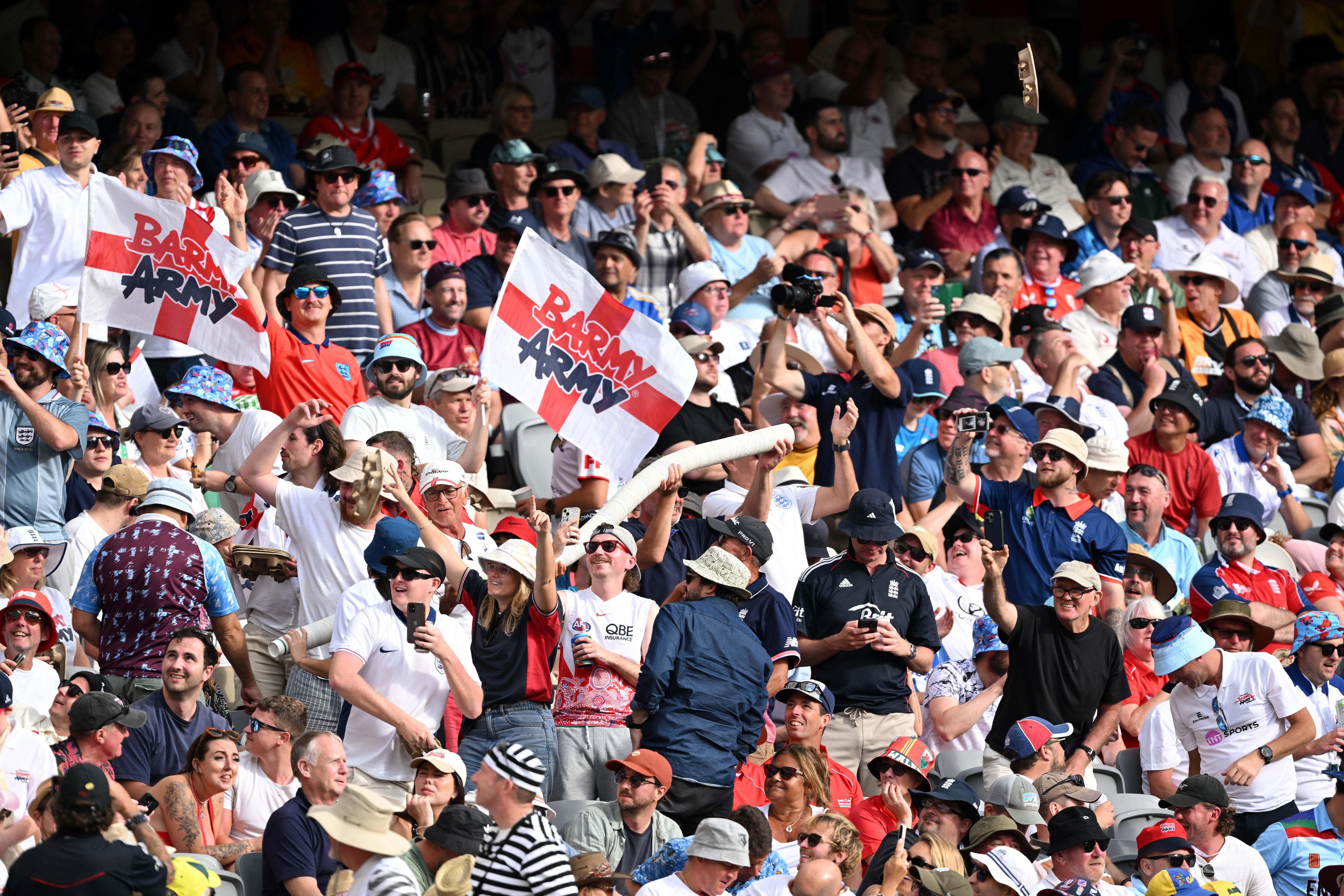 A picture of a large group of England cricket fans in the stands at Perth Stadium during an Ashes Test.
