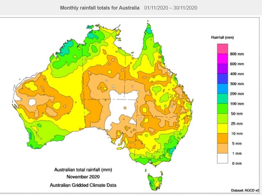 Colour-coded rainfall map showing rainfall across Australia.