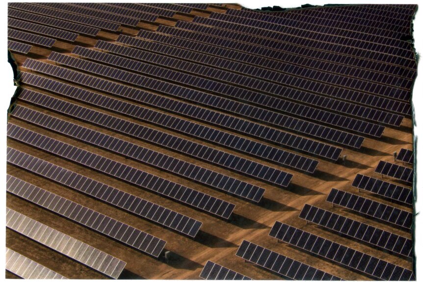 An aerial view of a large solar farm.