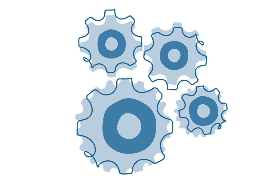 An illustration of a group of cogs all joined together.