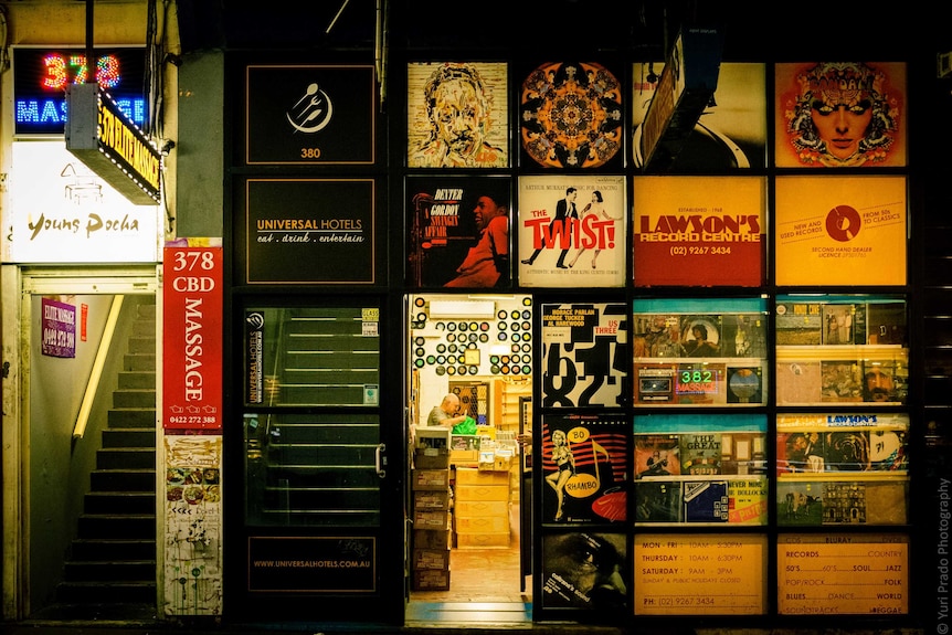 A shot of Lawson's Records at night.