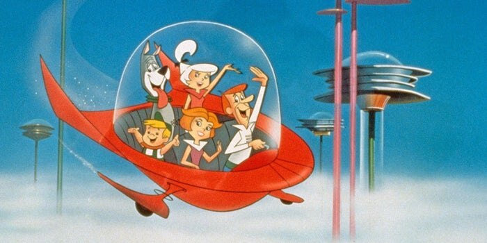 The Jetsons waving from their flying car.