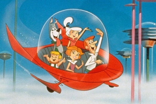 The Jetsons waving from a flying car.