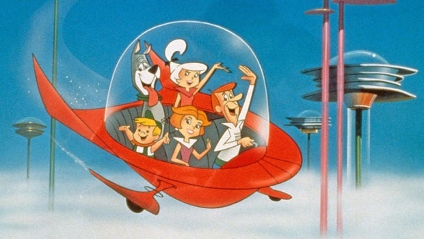 The Jetsons waving from their flying car.