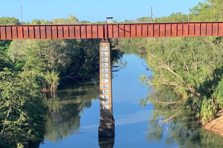 The Katherine River bridge gauge shows the river level at below 1 metre