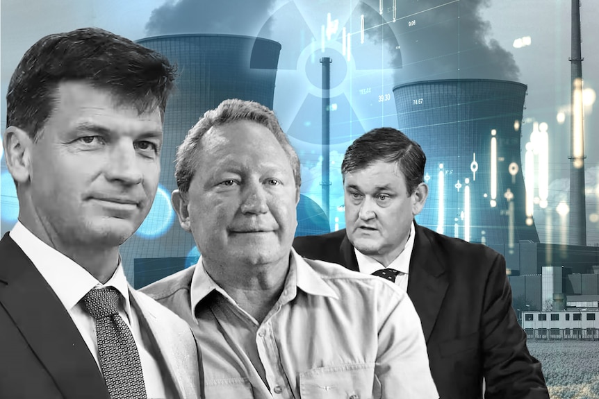 the faces of angus taylor, andrew forrest and jeff dimery are imposed against the backdrop of two nuclear cooling towers