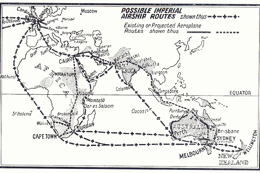 Black and white illustrated map showing potential routes between the UK and Australia.
