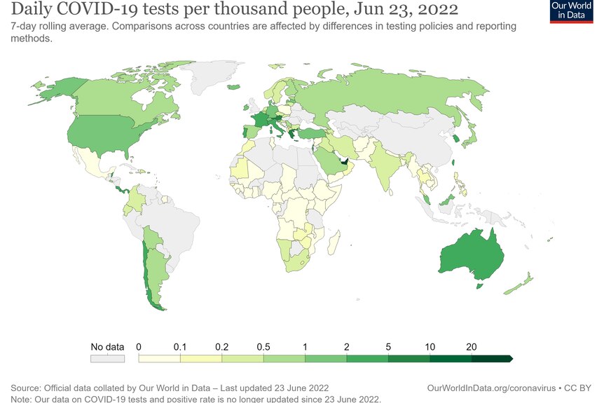 A world map showing the daily COVID-19 tests per thousand people