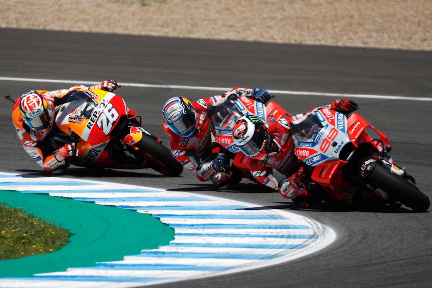 Dani Pedrosa, Andrea Dovizioso and Jorge Lorenzo before their Spain GP crash