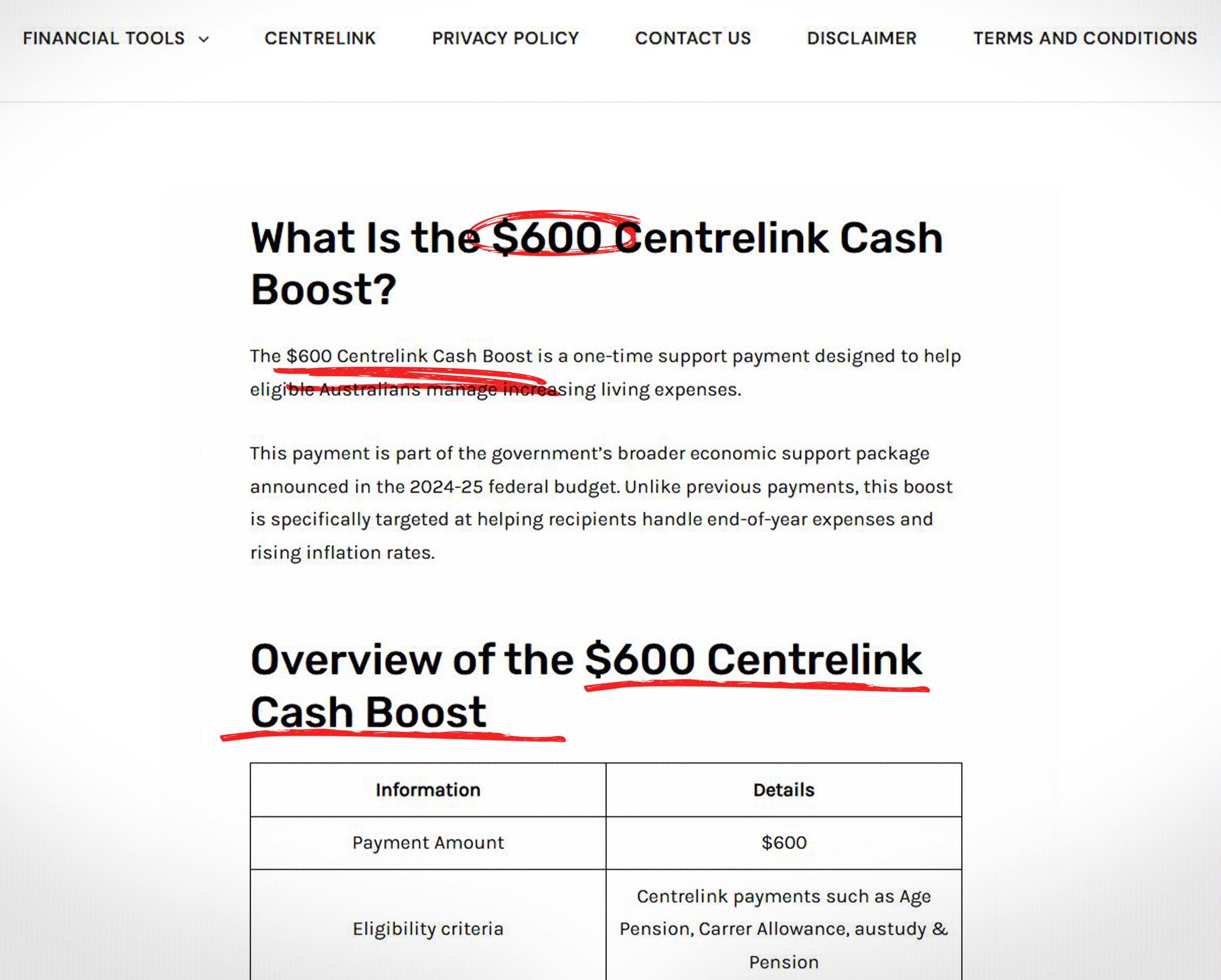 A screenshot of a fake news article about a non-existent payment with red circles around parts of the text