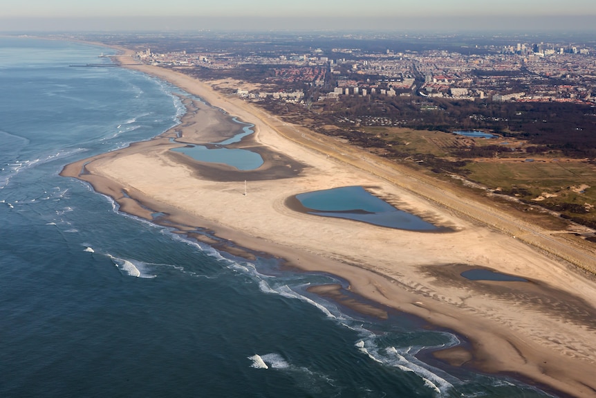 An aerial view of the Zandmotor project in the Netherlands.