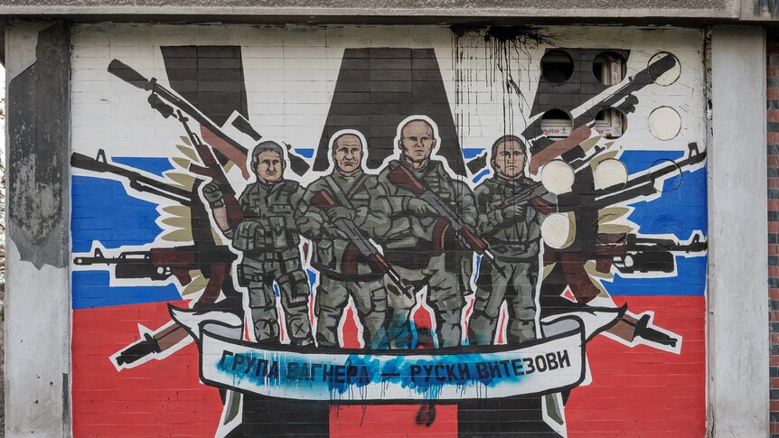 A mural depicting the Wagner Group painted on a building in Belgrade, Serbia