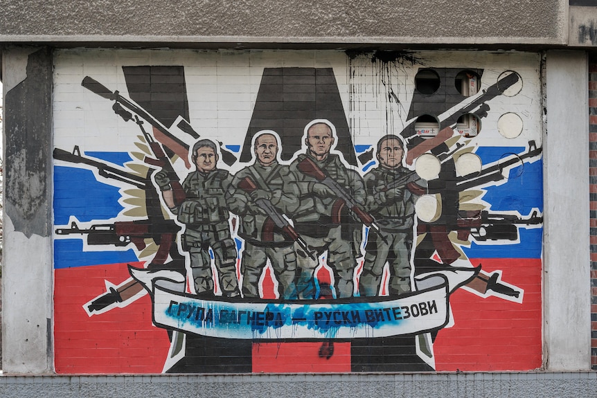 A mural depicting the Wagner Group painted on a building in Belgrade, Serbia