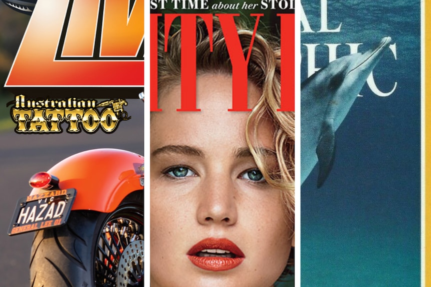 A collage of three different magazine, Live to Ride, Vanity Fair and National Geographic.