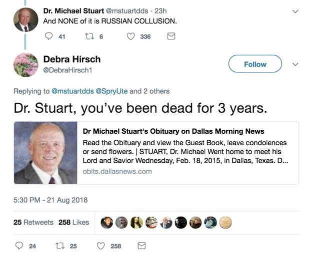 A woman points out a fake account on Twitter using the name of a dead man.