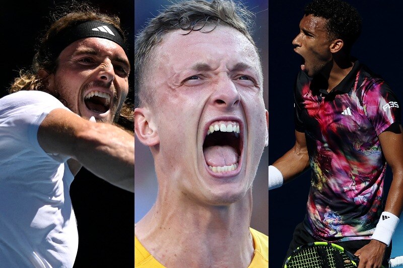The faces of three tennis players.