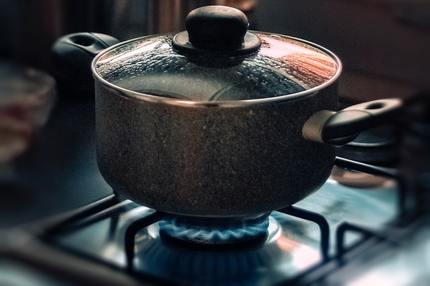 A glass-lid saucepan sits on a gas cooktop