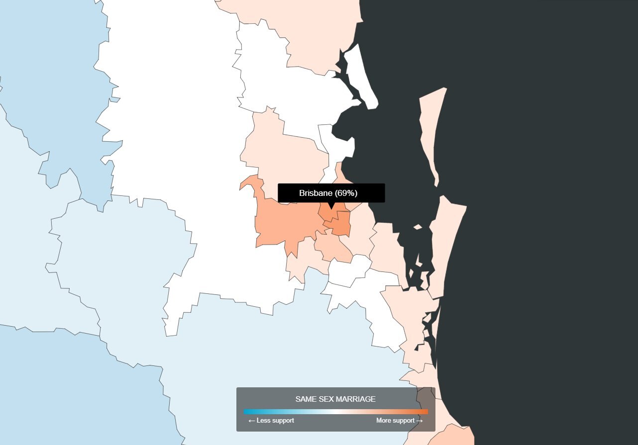 Almost 70 per cent of voters in the inner-city electorate of Brisbane support same-sex marriage.