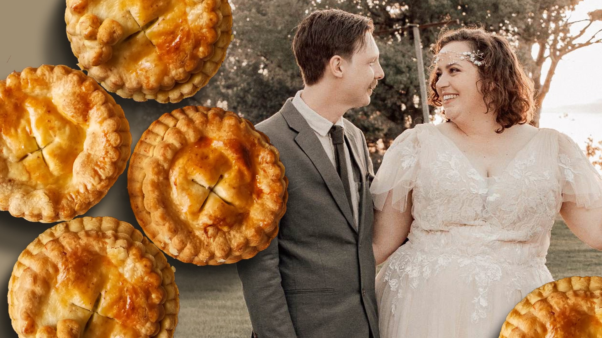 meat pies in the foreground with a wedding photo of a bride and groom