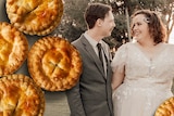 meat pies in the foreground with a wedding photo of a bride and groom