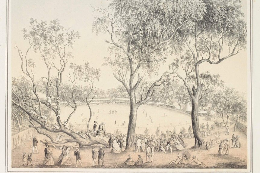 A black and white etching, with spectators on a tree-lined hill in the foreground and a cricket match in the background.