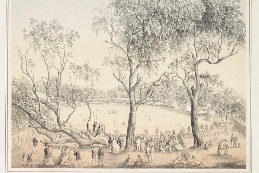 A black and white etching, with spectators on a tree-lined hill in the foreground and a cricket match in the background.