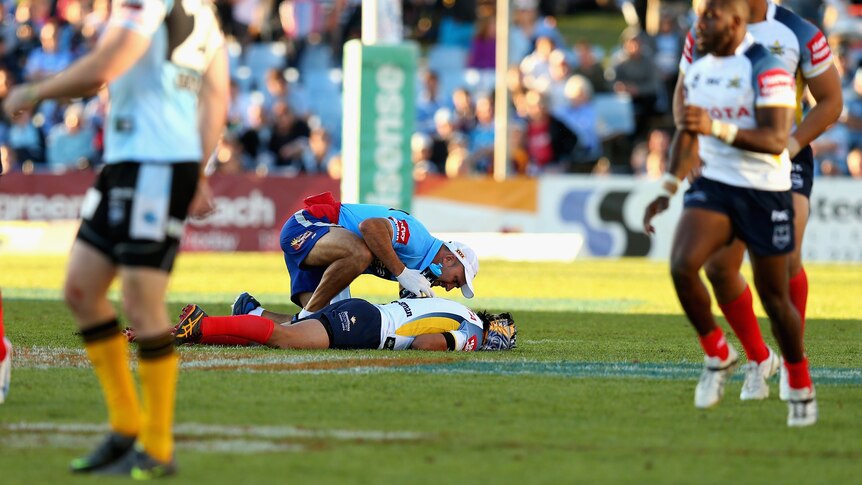 Johnathan Thurston was left flat-faced on the turf at Shark Park following Pomeroy's hit.