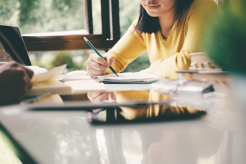 A woman, visible from mid-face down, sits at a desk covered in papers. In her hand is a pencil, and she's writing in a notepad.