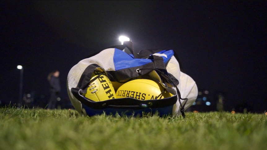 A bag of Sherrin footballs used for training at the Ajax Football Club in Melbourne, Victoria.