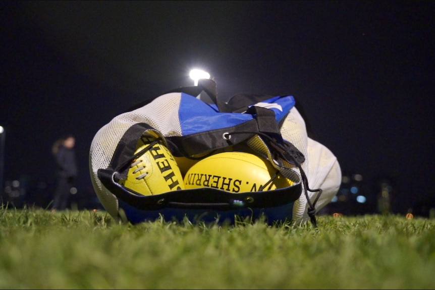 A bag of Sherrin footballs used for training at the Ajax Football Club in Melbourne, Victoria.