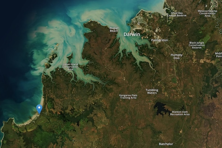 A map showing where the crash occurred, on the Finniss River south west of Darwin.
