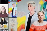 A composite of artworks on the left hand side, next to a person with short hair in front of one of those artworks on the right