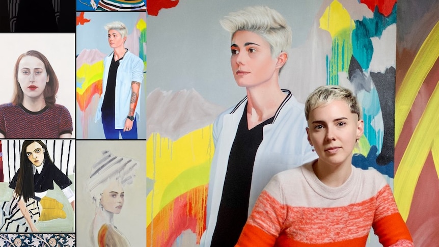 A composite of artworks on the left hand side, next to a person with short hair in front of one of those artworks on the right