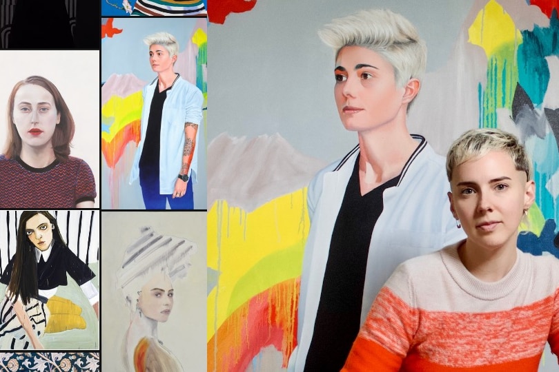 A composite of artworks on the left hand side, next to a person with short hair in front of one of those artworks on the right