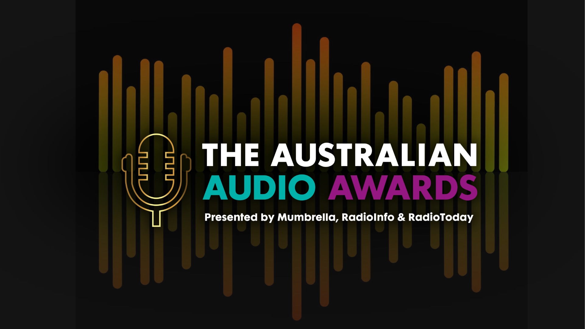 Australian Audio Awards logo with microphone icon and colourful soundwave bars on a dark background.