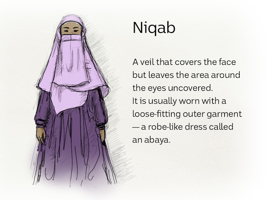 Illustration of women wearing mauve headscarf concealing lower face and shoulders and a long purple dress