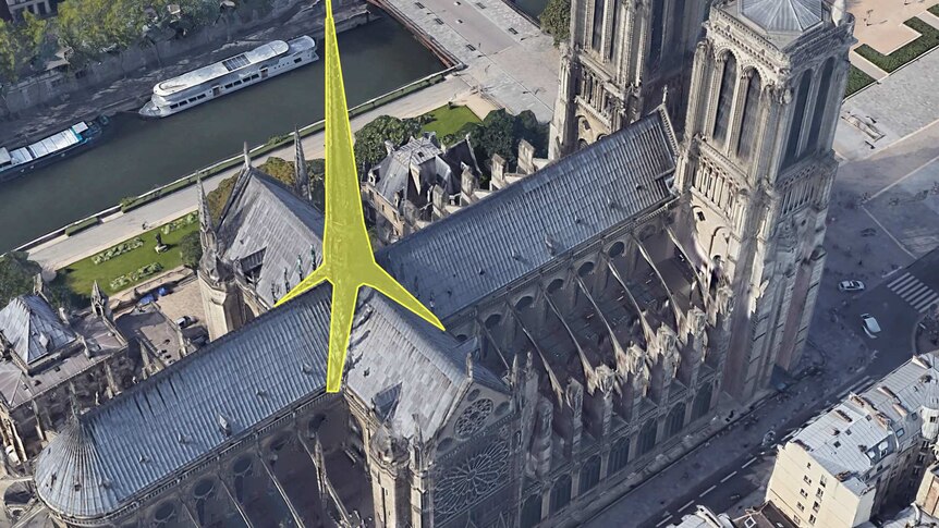 An aerial shot of the spire of the Notre Dame Cathedral, created by a combination of satellite imagery and 3D modelling.