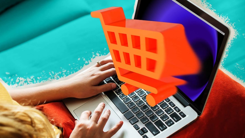 Woman with her laptop and illustration of shopping cart coming out of screen to depict avoiding online impulse shopping.