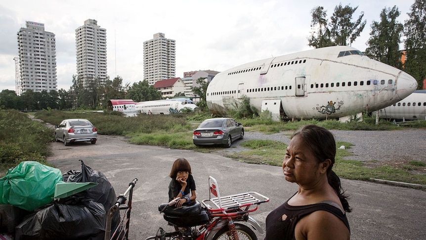 Impoverished families live living in disused airplanes in Thailand.
