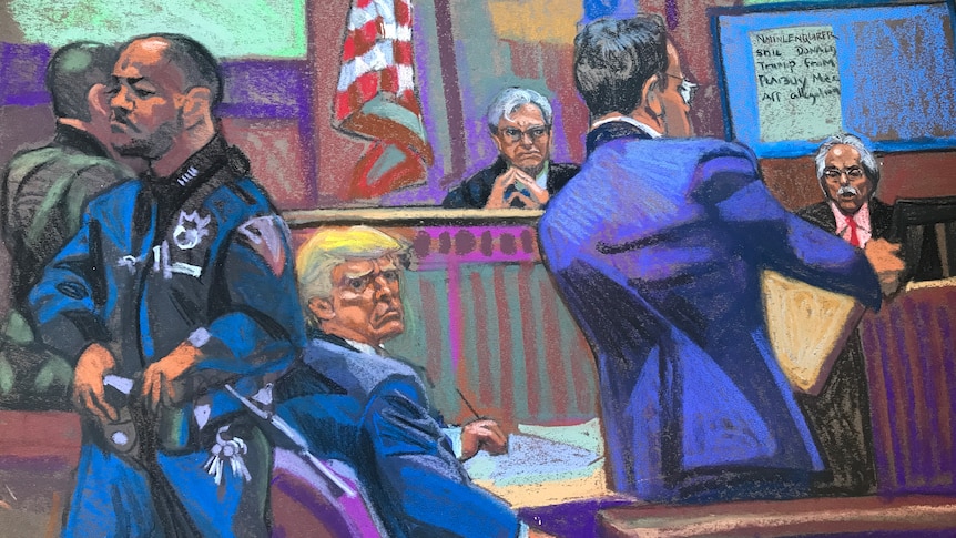 Courtroom sketch of Donald Trump. He is in the centre of the frame with a flash of yellow hair standing out in a purple scene.