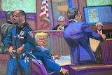 Courtroom sketch of Donald Trump. He is in the centre of the frame with a flash of yellow hair standing out in a purple scene.
