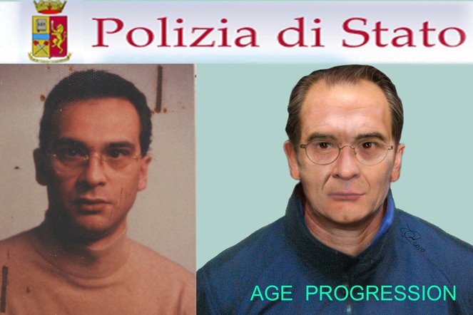 A composite picture, on left Matteo Messina Denaro as a young man, on right a CGI photo of his age progression.