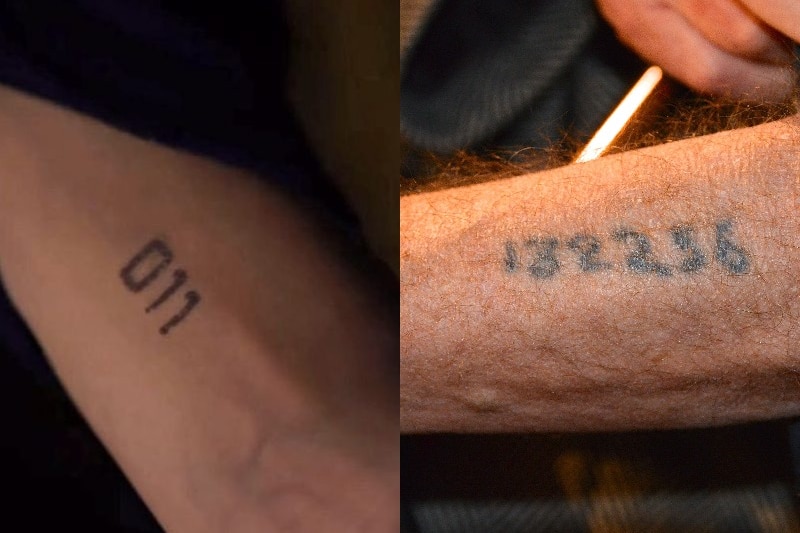 A composite image showing Eleven's 011 tattoo and a Holocaust survivors serial number