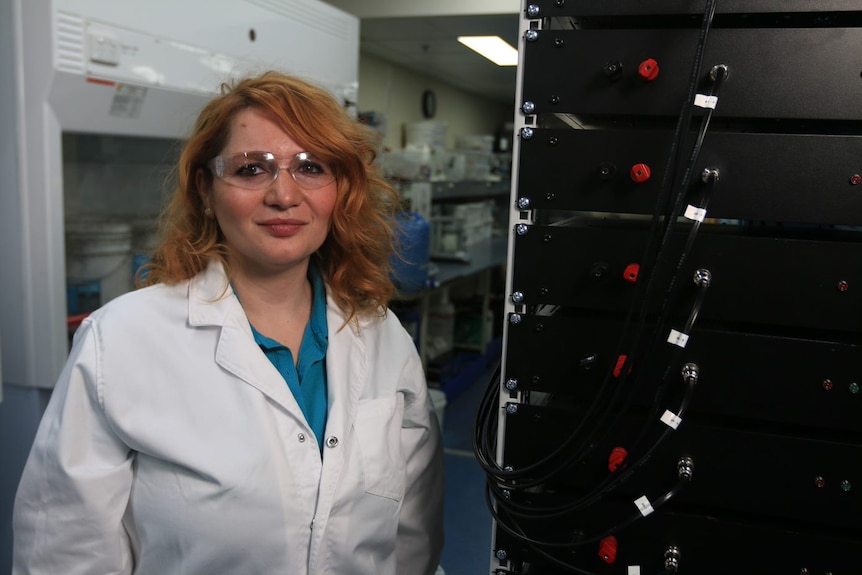 Dr Zeynep Adali stands in front of a renewable battery bank
