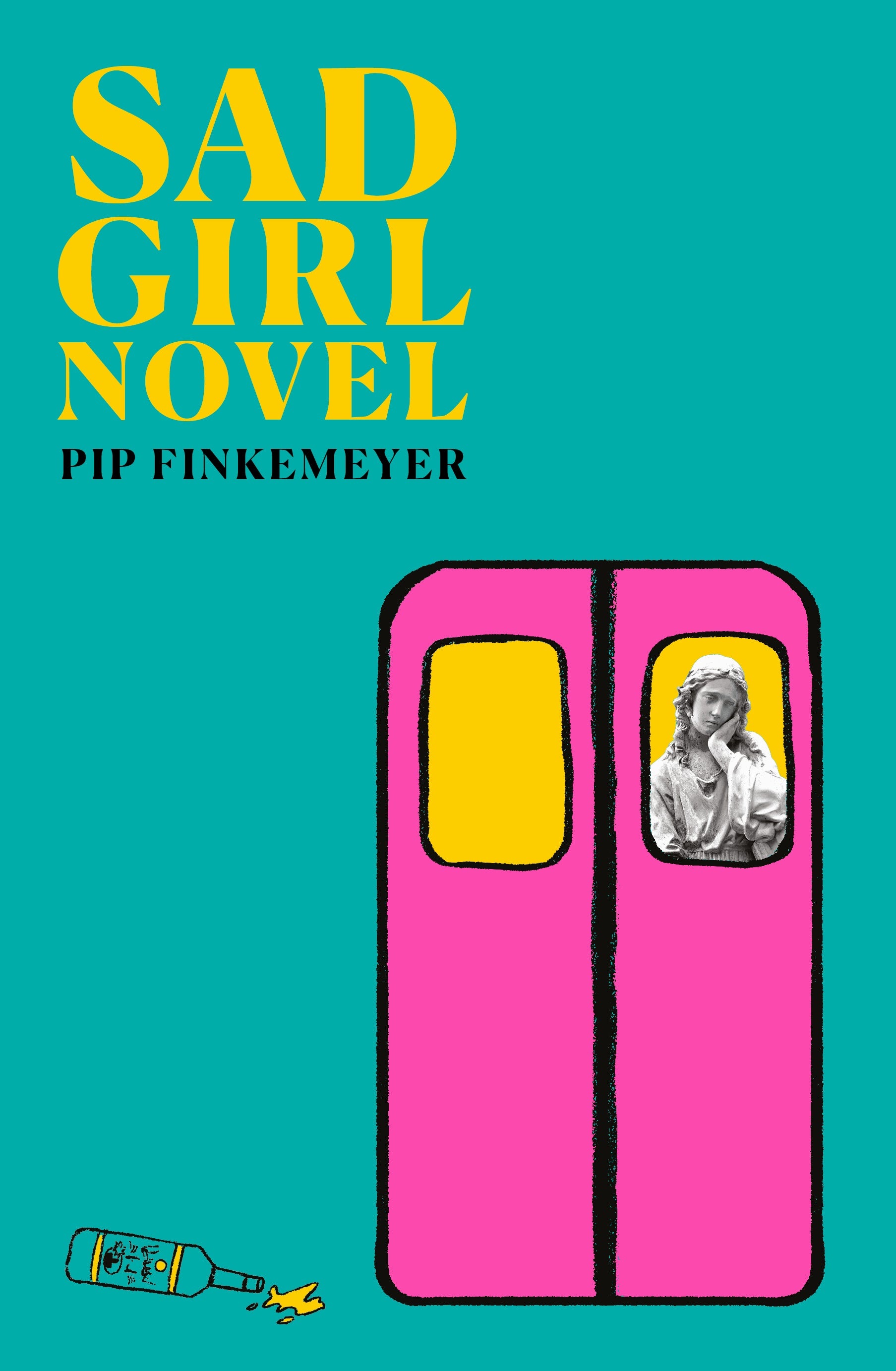 A book cover with an illustration of a pink train carriage door on a green background; an empty alcohol bottle lies on its side