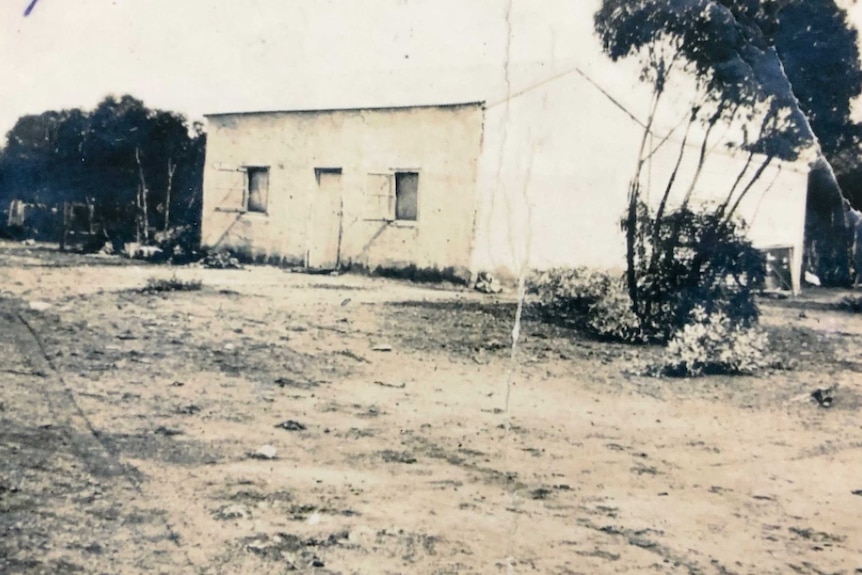 A black and white photo of an old building surrounded by trees.