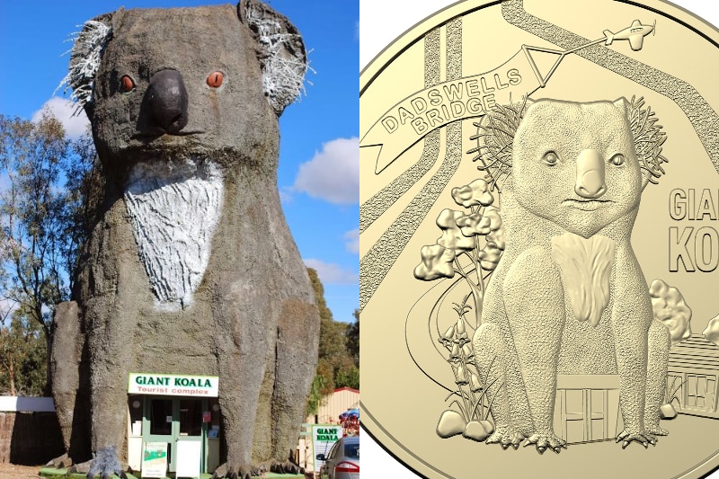 Giant koala sculpture beside a gold coin featuring the koala. 
